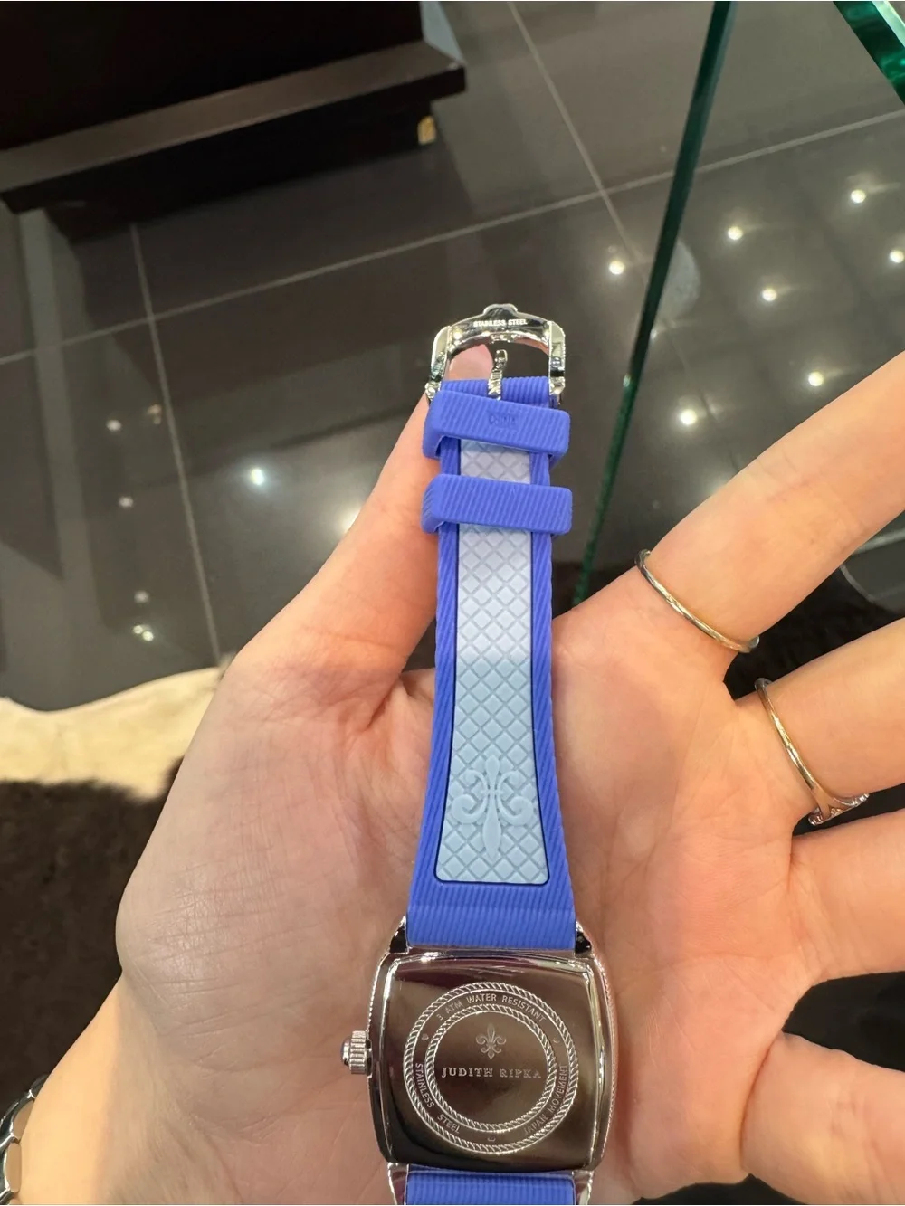 Judith Ripka Stainless Steel Square Watch w/ Purple Silicone Strap & Accent Dial